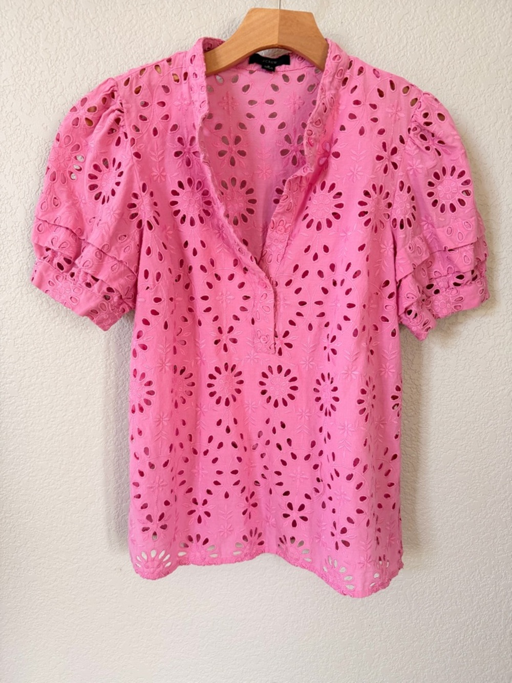 J. Crew Bright Pink Eyelet Puff Sleeve Blouse